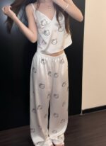 Beyaz Hello Kitty Taş Detaylı Saten Homewear Pijama Takımı