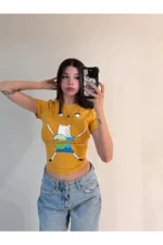 Sarı Adventure Time Finn and Jack Y2K Kısa Kollu T-Shirt Crop - Görsel 4